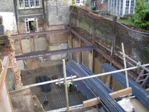 Temporary works and reinforcement to basement slab.